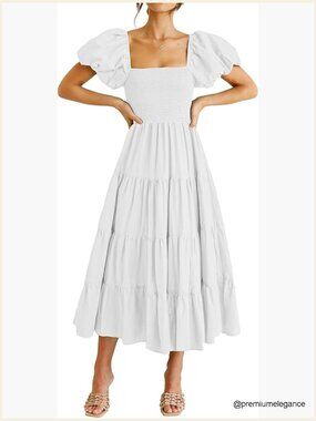 Summer Midi Dress Puffy Sleeve Square Neck Smocked Tiered Ruffle Casual